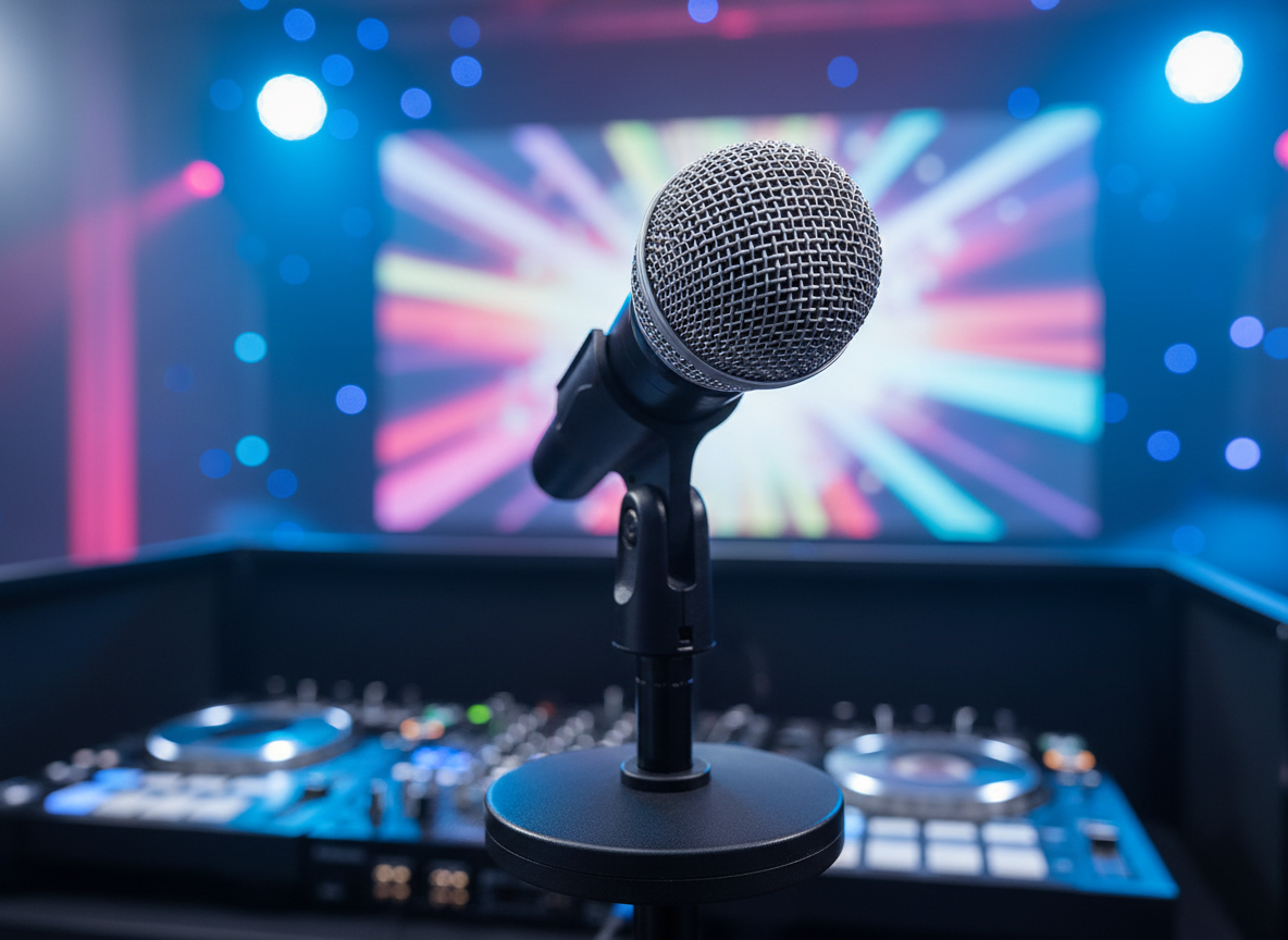 A close-up, photographic shot of a high-quality dynamic microphone with a silver grille and matte black body, mounted on a sturdy black stand in front of a blurred DJ booth and karaoke screen. The microphone’s metal mesh texture is crisp and detailed, with a small on/off switch catching a slight reflection. Cool blue and magenta stage lights create a soft bokeh in the background, suggesting an energetic but professional party atmosphere. Captured at a shallow depth of field from a slightly low angle, the image emphasizes clarity, reliability, and the excitement of karaoke without showing any people.