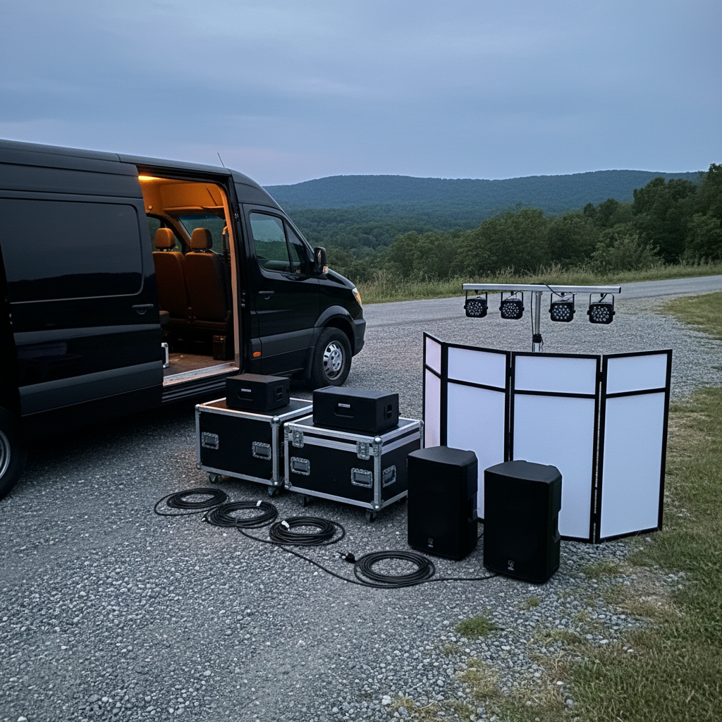 A neatly organized equipment load-out staged beside a dark, logo-free cargo van on a gravel driveway in rural northern New Hampshire. Sturdy black road cases, coiled cables, two compact speakers, a lighting T-bar with LED fixtures, and a collapsible DJ facade are arranged in a logical, efficient layout, ready for transport. The setting includes distant tree-covered hills and a twilight sky with the last traces of daylight. Photographic realism with cool, diffused evening light and a soft orange glow from the van’s interior. Shot at a three-quarter angle, conveying reliability, mobility, and professional readiness for campground or private events.