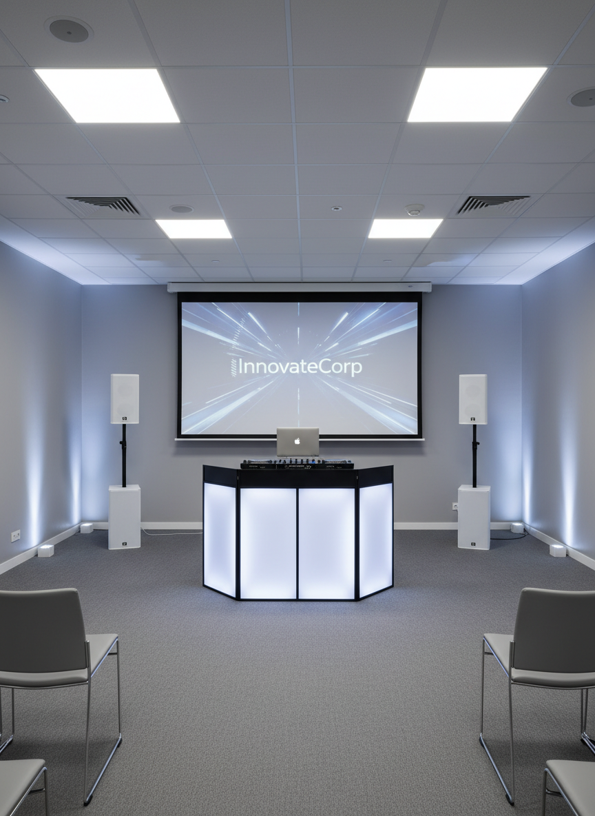 A modern corporate function room with a minimalist mobile DJ and karaoke station positioned near a projection screen showing a subtle company-branded background. The DJ table features a slim black controller, a closed laptop, and a sleek, uncluttered facade, with two compact column array speakers standing symmetrically on either side. Cool white LED uplighting subtly accents the neutral gray walls. Photographic realism with bright, evenly distributed ceiling lighting, creating a clean and professional feel. Shot from a slightly elevated, centered angle with sharp focus throughout, conveying reliability, polished presentation, and ease of integrating entertainment into a business environment.