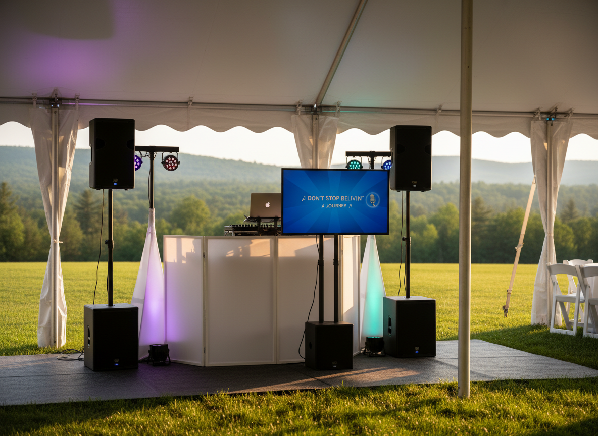 A polished mobile DJ and karaoke setup arranged under a white event tent on a manicured lawn, featuring twin black speakers, a compact subwoofer, a DJ booth facade with clean white panels, and a flat-screen monitor displaying neatly formatted karaoke lyrics. LED uplights cast soft purple and teal hues on the tent walls. Photographic realism with golden hour sunlight filtering through the tent sides, creating gentle, warm highlights on the gear. Shot from a slightly elevated angle using the rule of thirds, the atmosphere feels welcoming, organized, and ready for a northern New Hampshire outdoor celebration, with forested hills subtly blurred in the background.