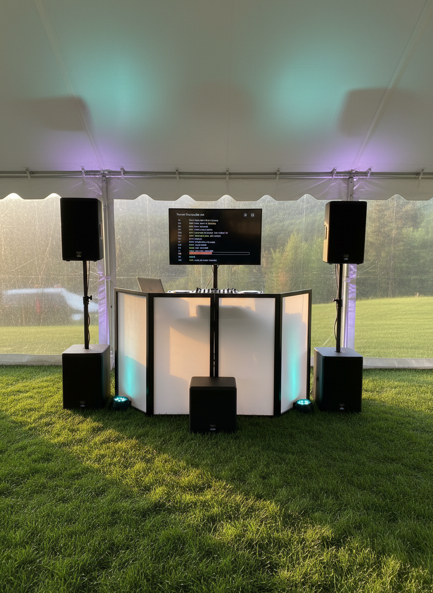 A polished mobile DJ and karaoke setup arranged under a white event tent on a manicured lawn, featuring twin black speakers, a compact subwoofer, a DJ booth facade with clean white panels, and a flat-screen monitor displaying neatly formatted karaoke lyrics. LED uplights cast soft purple and teal hues on the tent walls. Photographic realism with golden hour sunlight filtering through the tent sides, creating gentle, warm highlights on the gear. Shot from a slightly elevated angle using the rule of thirds, the atmosphere feels welcoming, organized, and ready for a northern New Hampshire outdoor celebration, with forested hills subtly blurred in the background.