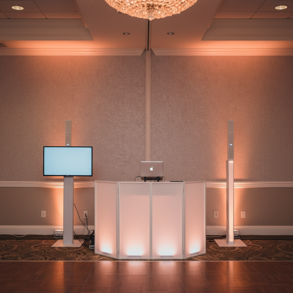 An elegant indoor wedding reception scene focusing on a professional DJ and karaoke station placed against a neutral-colored ballroom wall. The booth is framed by two slim column speakers and subtle LED uplights casting warm amber and soft blush tones. A laptop and controller sit behind a modern white facade with a subtle glow at the base, and a discreet karaoke monitor is angled off to the side. Photographic realism with warm, diffused chandelier lighting overhead, creating gentle reflections on the polished dance floor. Captured at eye level with balanced composition, the mood is refined, inviting, and perfectly suited for formal celebrations without any guests visible.