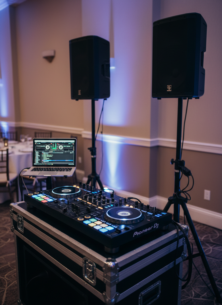 A sleek black DJ controller with illuminated jog wheels, colorful performance pads, and a laptop displaying a professional playlist interface, all arranged neatly on a sturdy, road-ready flight case table. Behind it, two tall black PA speakers stand on tripods, with coiled XLR cables and a tidy power strip visible. The scene is set in a softly lit event hall with neutral walls and subtle up-lighting in deep blue and purple tones. Photographic realism at eye level, with sharp focus on the equipment and a slightly blurred background, creating a professional, reliable, and organized mood suitable for weddings and corporate events.