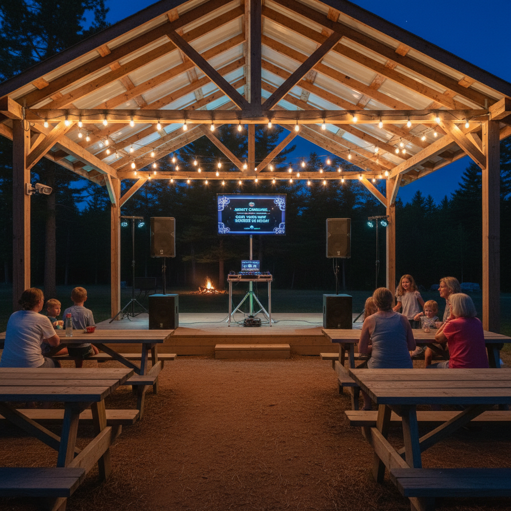 A cozy campground pavilion at night, with a compact DJ and karaoke rig set up on a wooden stage. Two rugged speakers flank a small, black tabletop controller and laptop, while a mid-sized TV on a stand shows bright karaoke lyrics against a dark interface. String lights hang across the pavilion beams, casting a warm, welcoming glow, while subtle LED wash lights add soft blue and green accents. Photographic realism with a slightly wide-angle composition, capturing picnic tables and surrounding pine trees in soft focus. The atmosphere feels fun, approachable, and community-oriented, ideal for Northeast Kingdom campground entertainment.